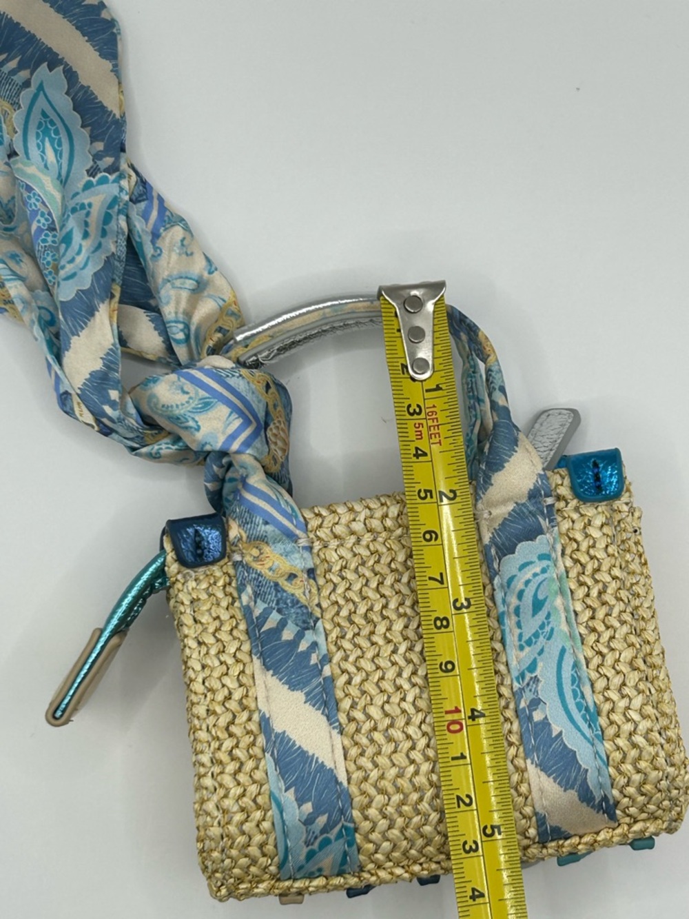 Kurt Geiger Straw Mini Bag with Blue & Cream Scarf Accents - Picture 6 of 10